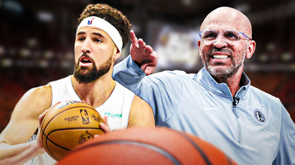 Mavericks Klay Thompson shooting a basketball on left, have Mavericks Jason Kidd talking on right.