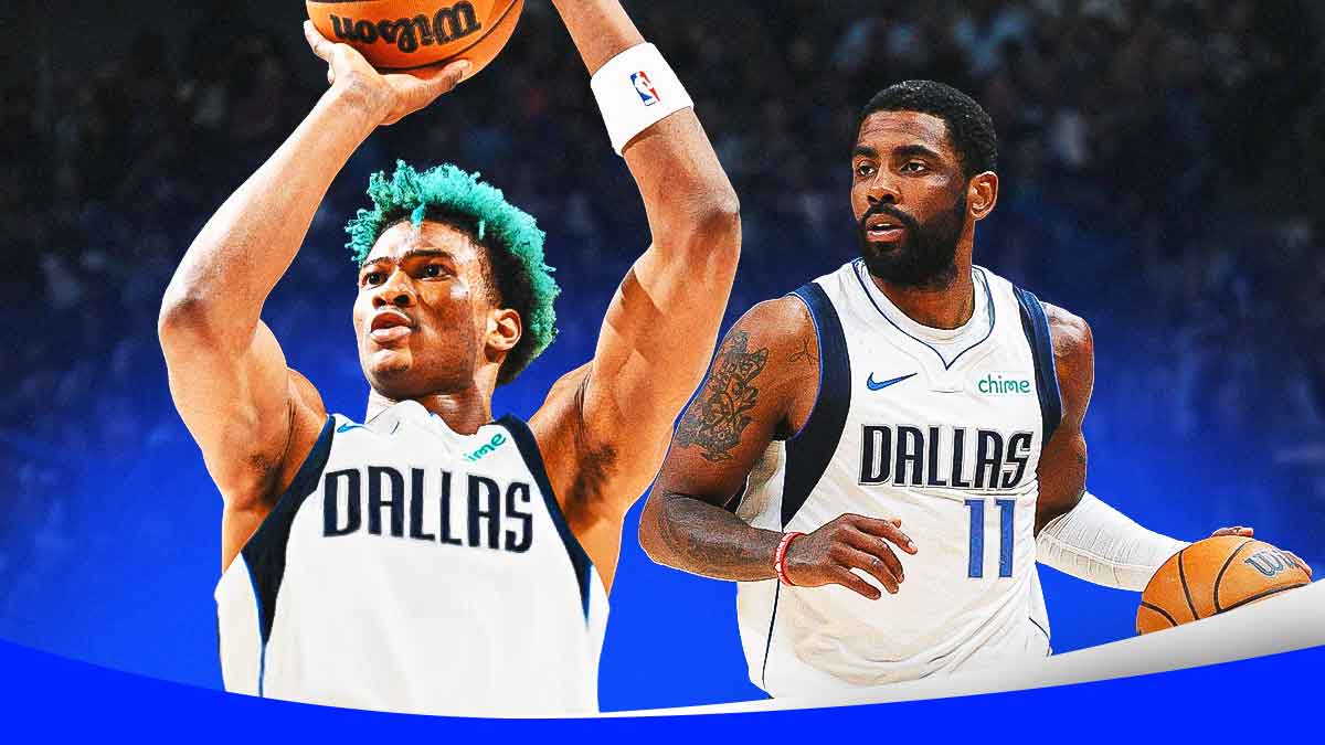 Kai Jones in a Mavericks jersey on left, Mavericks Kyrie Irving dribbling a basketball on right.