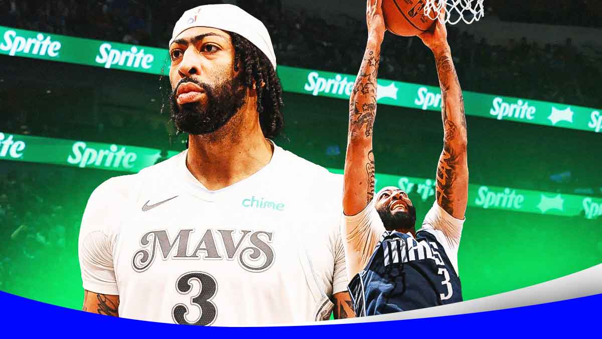 Mavericks Anthony Davis in front looking serious. In background, Mavericks Anthony Davis dunking a basketball.