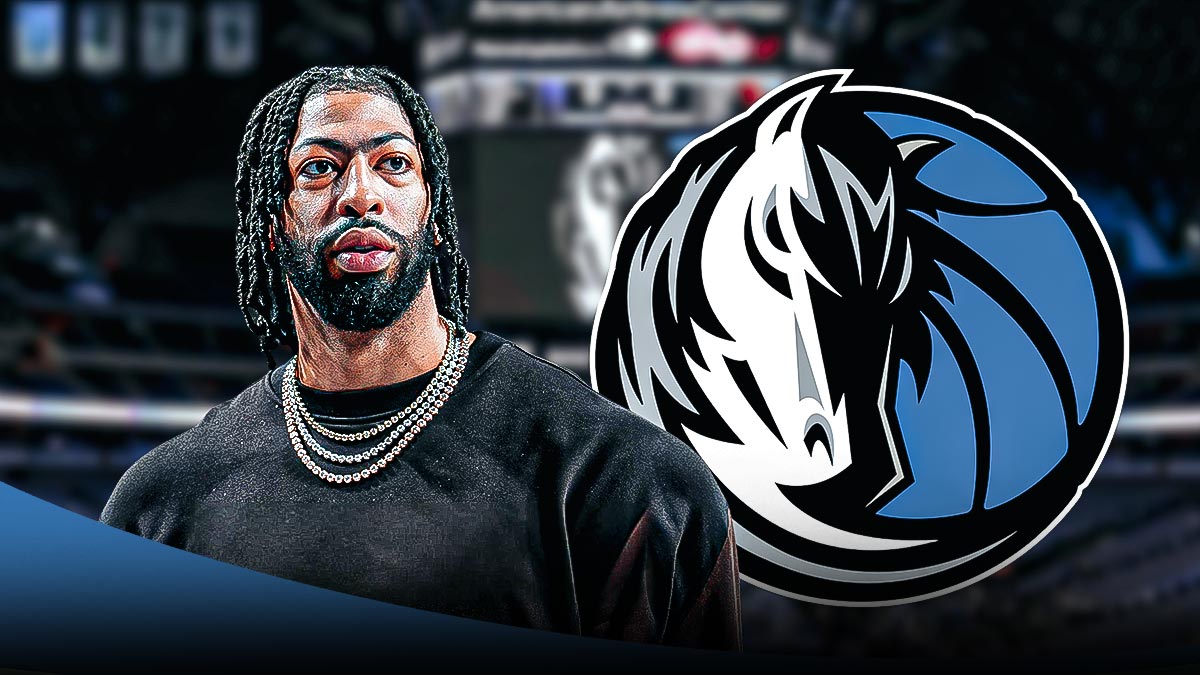 Mavericks Anthony Davis looking serious on the left, Dallas Mavericks 2024-25 logo on right.