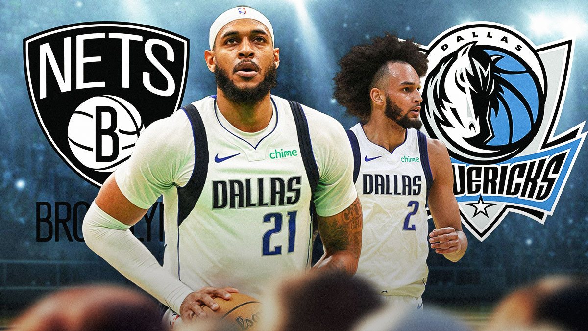 Mavericks Daniel Gafford and Mavericks Dereck Lively II both looking serious in image. Place the Brooklyn Nets and Dallas Mavericks 2024-25 logos in background.