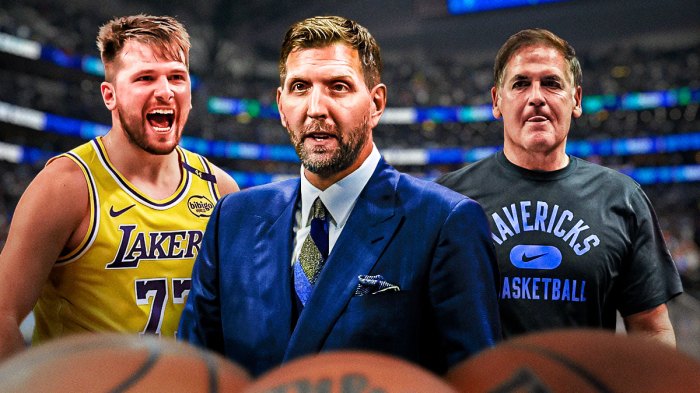 Former Mavericks forward Dirk Nowitzki in between Mark Cuban and Lakers guard Luka Doncic with the Mavericks logo in the background