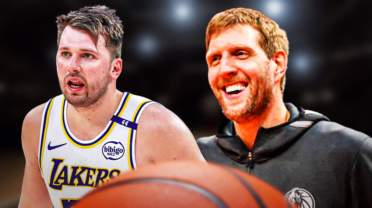 Mavs' Dirk Nowitzki with Lakers' Luka Doncic