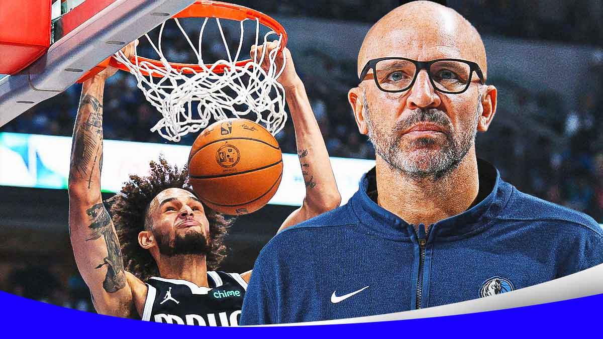 Mavericks Dereck Lively II dunking a basketball on right, Mavericks Jason Kidd on left looking serious.