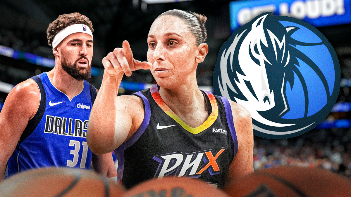 Klay Thompson next to Mavericks logo and Diana Taurasi.