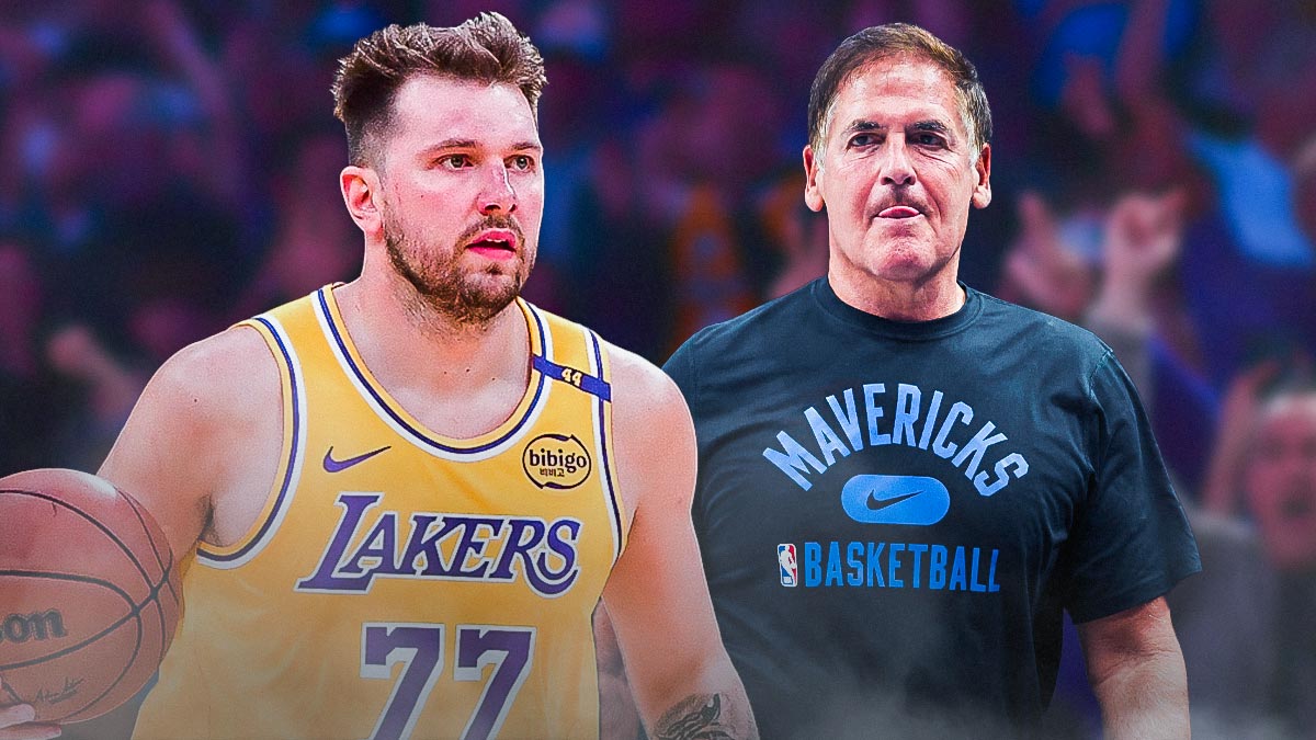 Featured Graphic idea: Mark Cuban looking upset and sad next to an image of Lakers Luka Doncic