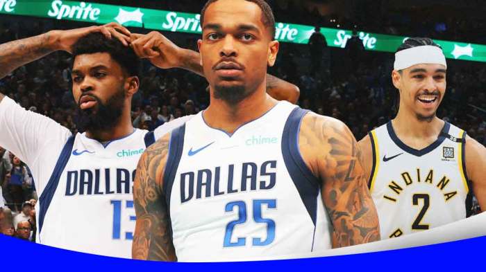 Mavericks' PJ Washington and Naji Marshall looking pissed off, with Pacers' Andrew Nembhard laughing beside them