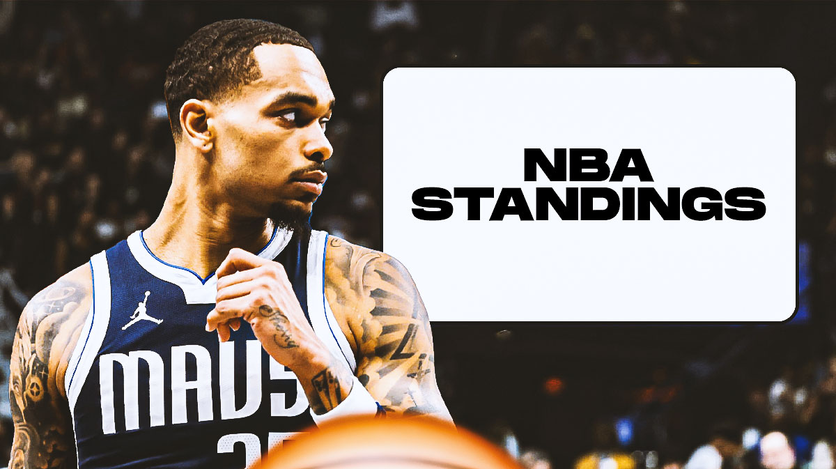 Mavericks PJ Washington on left looking at a screen on the right. On the right, write the following: NBA STANDINGS