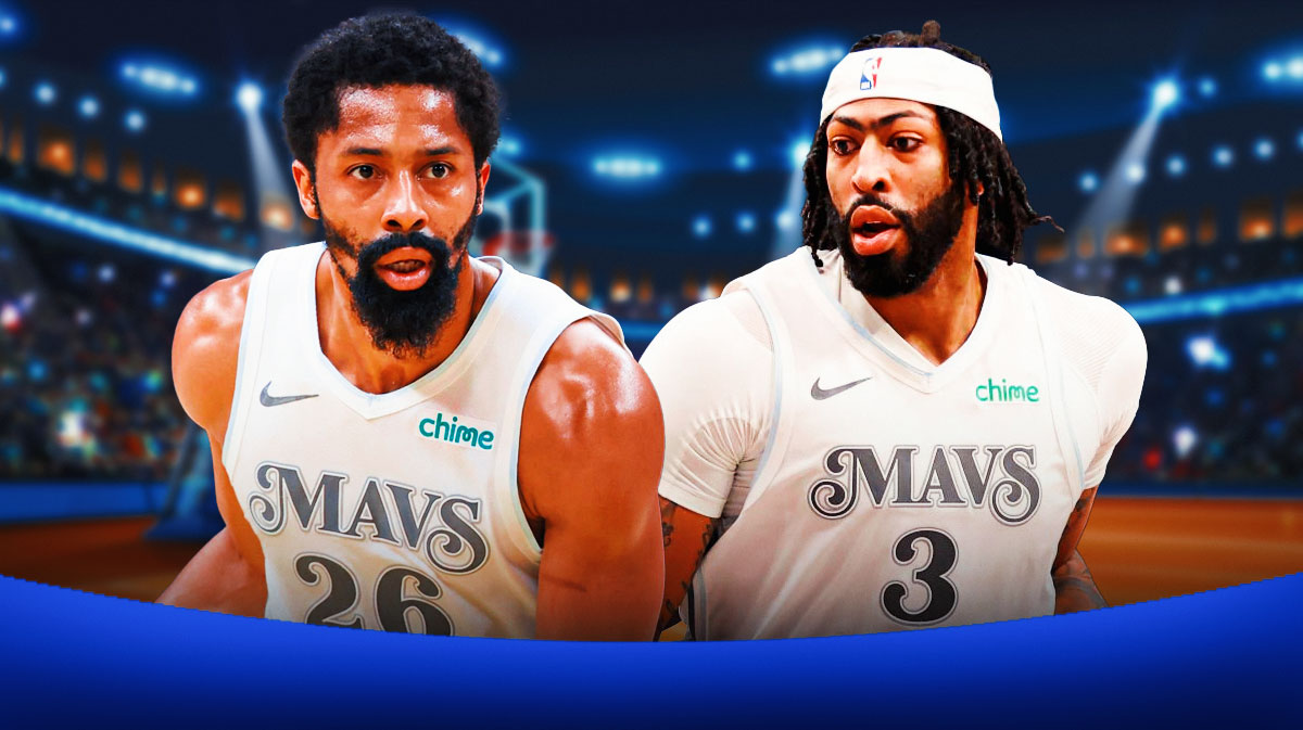 Dallas Mavericks guard Spencer Dinwiddie with Anthony Davis in a Mavericks jersey.
