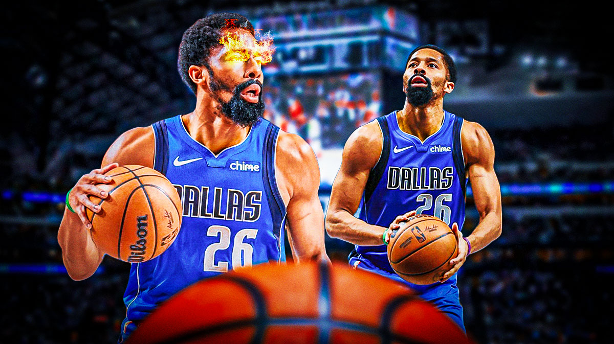 Mavericks Spencer Dinwiddie with fire in his eyes on left. On right, Mavericks Spencer Dinwiddie shooting a basketball.