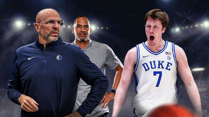 Mavericks Nico Harrison, Mavericks Jason Kidd on left. Duke Kon Knueppel on right.