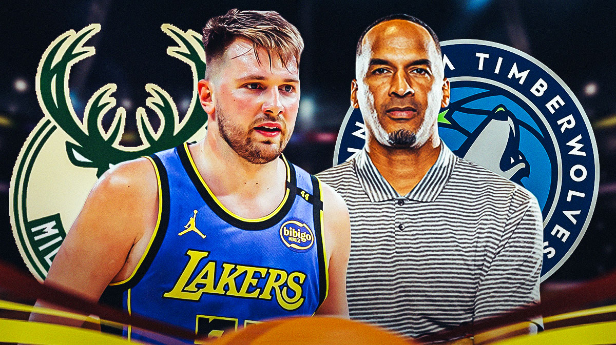 Mavericks' Nico Harrison and Lakers' Luka Doncic in the middle with Bucks logo on one side and Timberwolves logo on the other