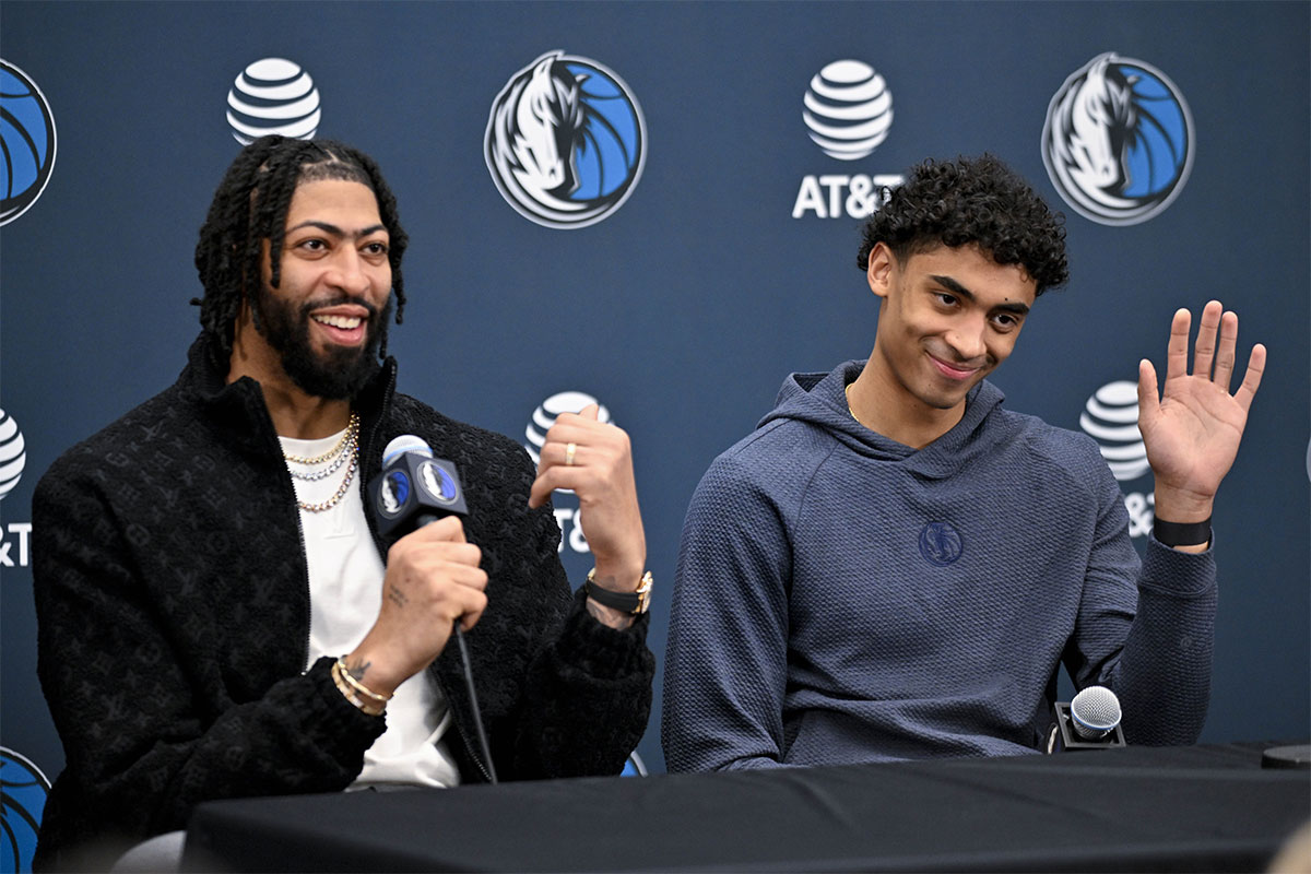 Dallas Mavericks striker Anthony Davis (left) and goalkeeper Max Christie (right) speak to the media at a press conference at the Dallas Mavericks practice center. 