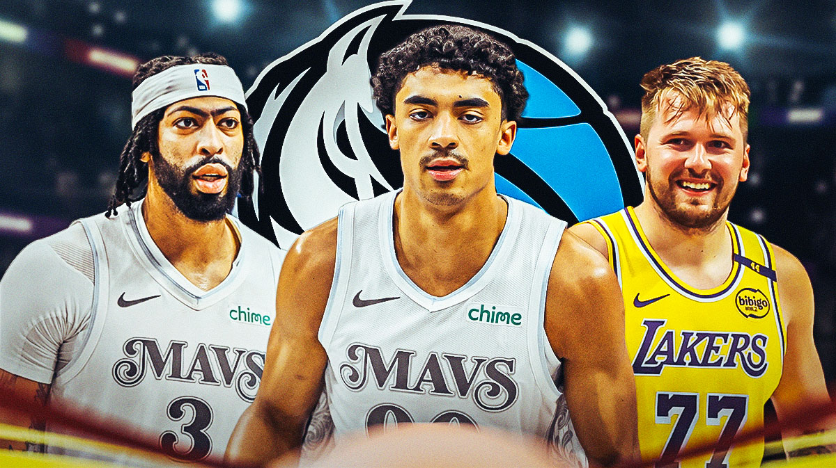 Mavericks Max Christie in front looking serious, close-up image. Mavericks Anthony Davis, Lakers Luka Doncic and the Dallas Mavericks logo all in background.