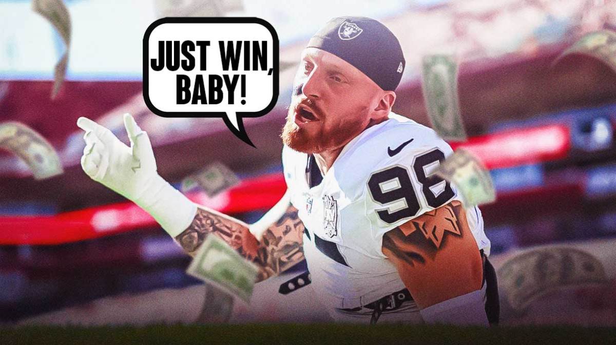 Maxx Crosby in a Las Vegas Raiders uniform with $100 bills floating around and a word bubble that says: Just win, baby! as maxx crosby became the highest paid non quarterback in the nfl with his new contract but wants the raiders to win.