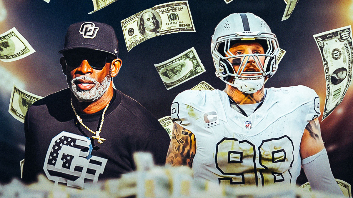 Deion Sanders. Maxx Crosby with dollar bills flying around him.