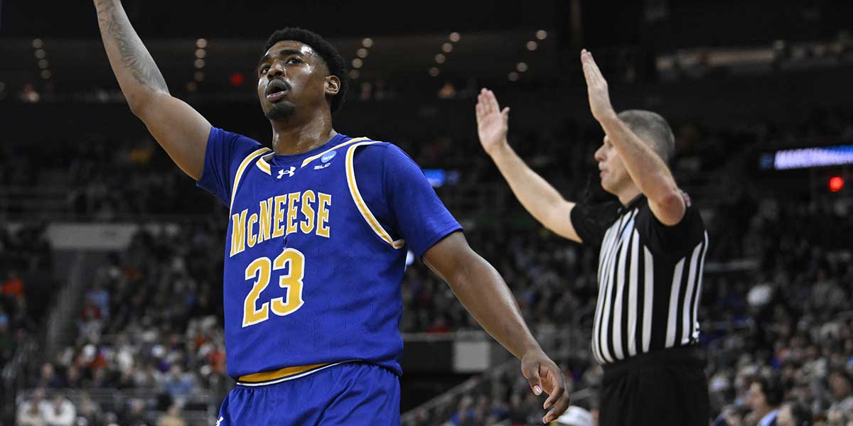 McNeese State Cowboys guard Brandon Murray (23) celebrates after a three point basket against the Clemson Tigers during the second half at Amica Mutual Pavilion. Mandatory Credit: Eric Canha-Imagn Images