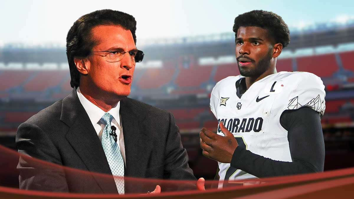 Mel Kiper Jr. next to Shedeur Sanders on the Browns field.