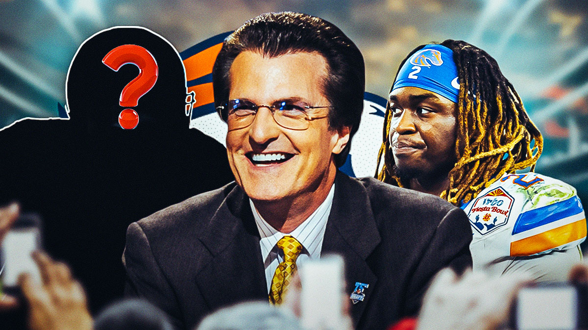 ESPN analyst Mel Kiper next to Boise State RB Ashton Jeanty and a silhouette of an American football player with a big question mark emoji inside. There is also a logo for the Denver Broncos.