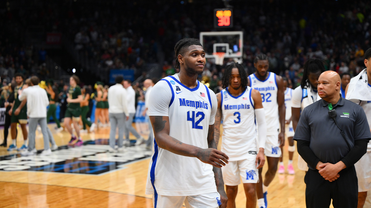 Memphis Tigers forward Dain Dainja (42) walks off the court after losing to Colorado State Rams at Climate Pledge Arena. 