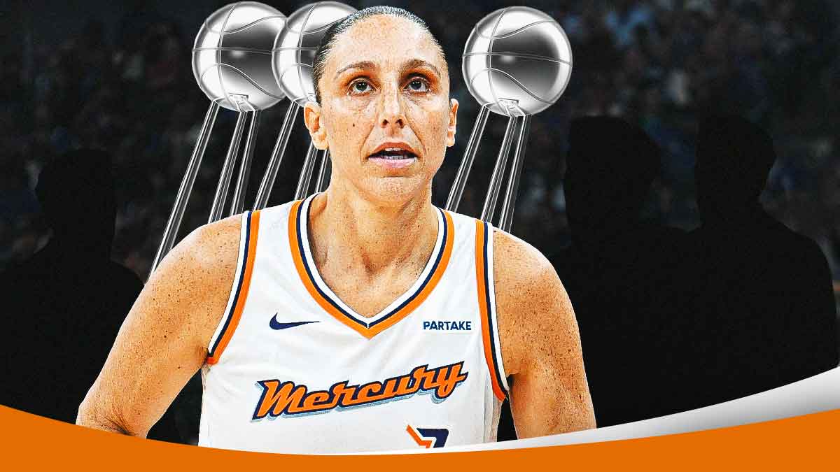 Diana Taurasi with a teardrop going down her face, with silhouettes of fans below her, and three WNBA championship trophies above the image.