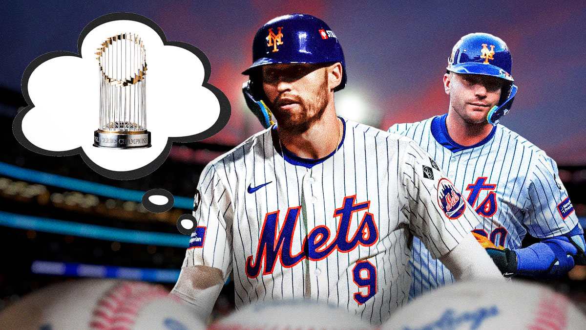 Brandon Nimmo with a thought bubble of a World Series championship trophy and Pete Alonso next to him. Both players are in New York Mets jerseys.
