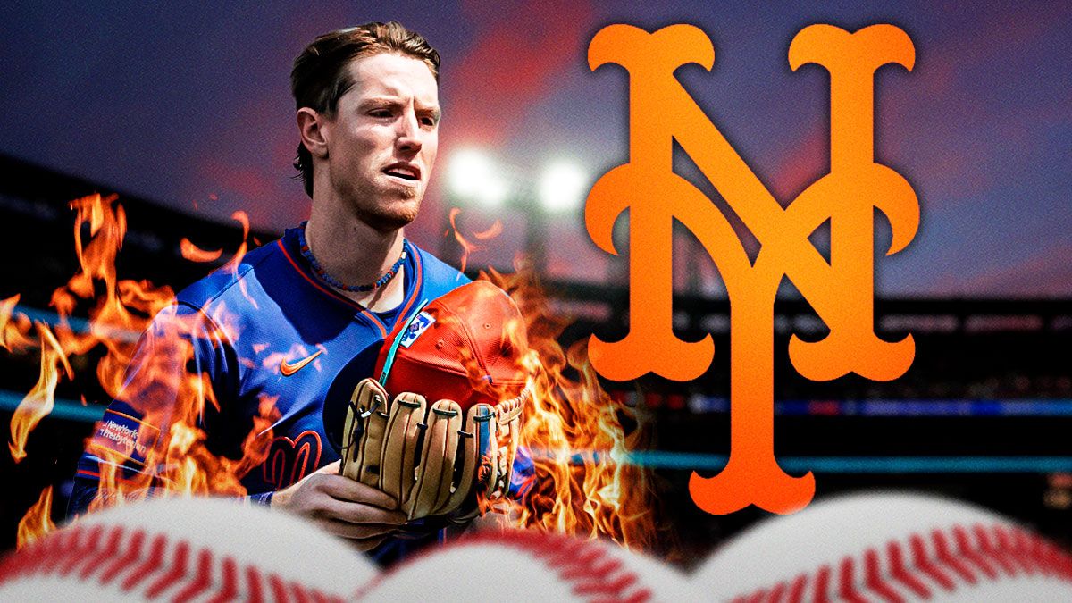 Brett Baty playing baseball and surrounded by fire. New York Mets logo next to him