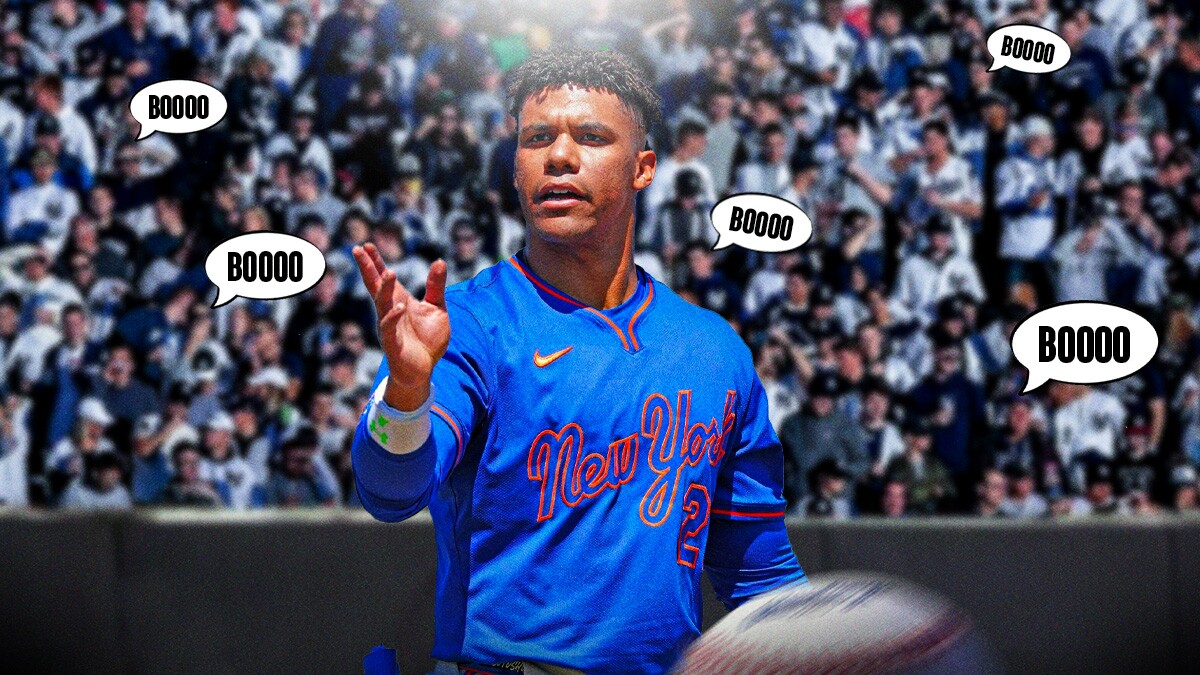 Juan Soto in a New York Mets uniform surrounded by booing Yankees fans as soto signed with the mets in free agency.
