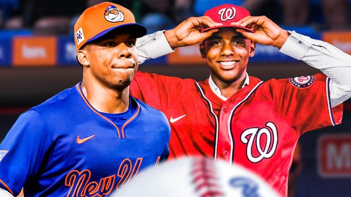 Juan Soto in a New York Mets uniform with Elian Soto in a Washington Nationals uniform as the Sotos played in the same spring training game.