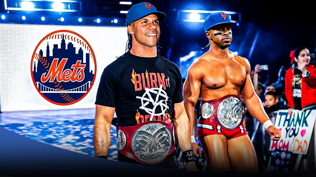 Francisco Lindor and Juan Soto of the Mets as wrestlers.