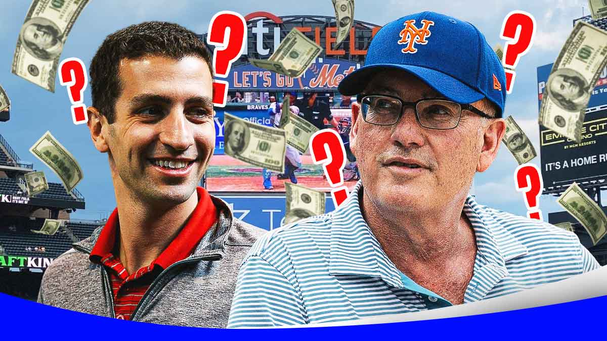 David Stearns standing next to Steve Cohen with money falling and question marks around them both