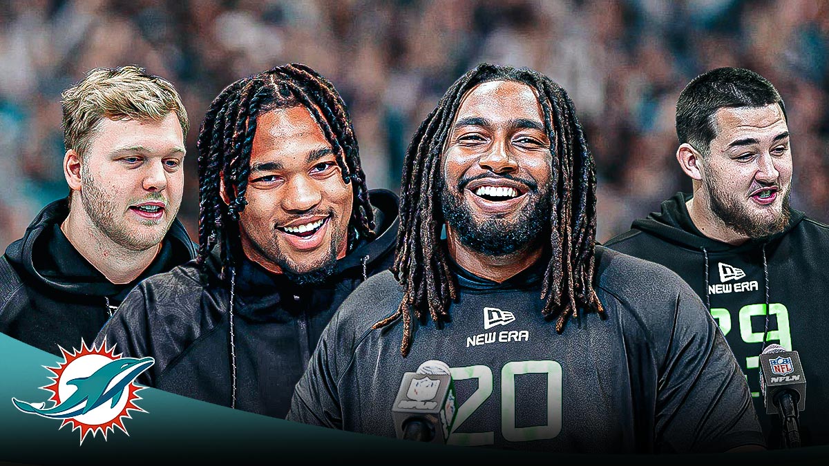 2025 NFL draft prospects Mike Green, Donovan Jackson, Wyatt Milum, and Rylie Mills next to a Dolphins logo.