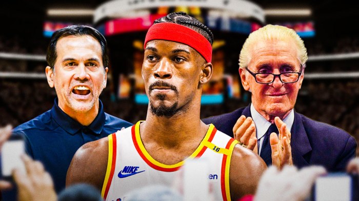 Miami Heat head coach Erik Spoelstra, Golden State Warriors player Jimmy Butler, and Heat executive Pat Riley
