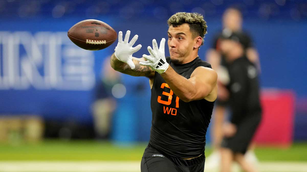 Mar 1, 2025; Indianapolis, IN, USA; Miami wideout Xavier Restrepo (WO37) during the 2025 NFL Combine at Lucas Oil Stadium.