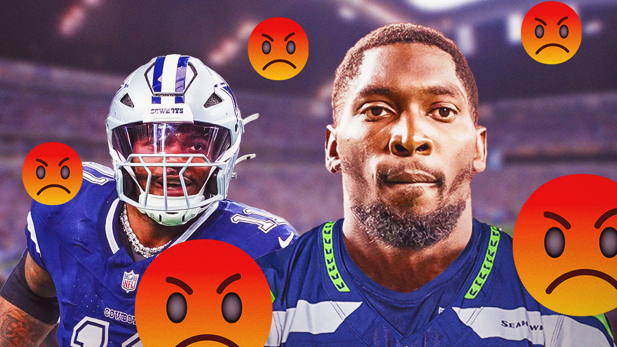 Micah Parsons in a Dallas Cowboys uniform and DeMarcus Lawrence in a Seattle Seahawks uniform with enraged face emojis as the former cowboys teammates beef continues.