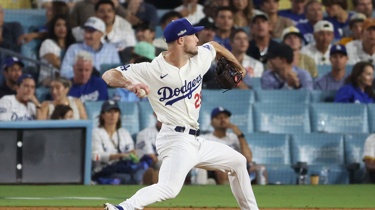 Los Angeles Dodgers pitcher Michael Grove (29) pitches against the San Diego Padres in the eighth inning during game two of the NLDS for the 2024 MLB Playoffs at Dodger Stadium.