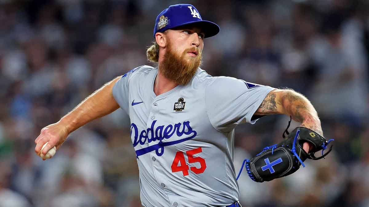 Los Angeles Dodgers pitcher Michael Kopech (45) pitches during the fourth inning against the New York Yankees in game four of the 2024 MLB World Series at Yankee Stadium. Mandatory Credit: Brad Penner-Imagn Images