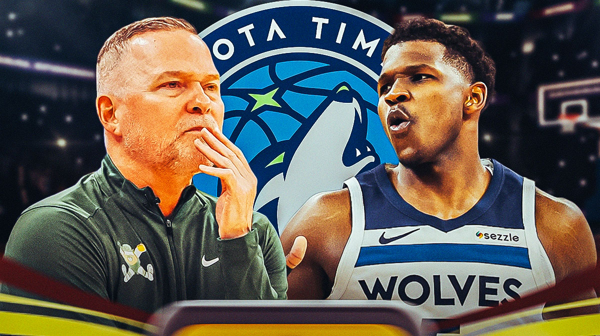 Michael Malone looking at Anthony Edwards, Timberwolves logo with angry expression