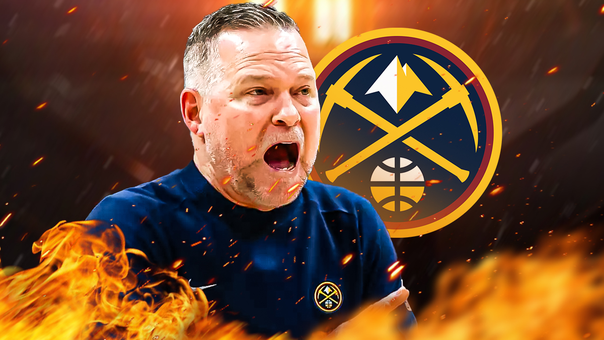 Michael Malone yelling or very angry, have him surrounded by fire, and have the Nuggets logo next to him.