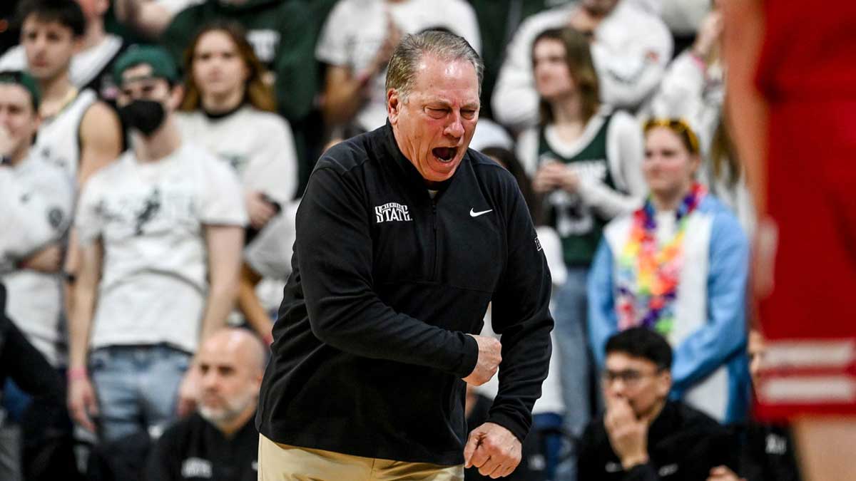 Michigan State's head coach Tom Izzo reacts to the officials during the first half against Wisconsin on Sunday, March 2, 2025, at the Breslin Center in East Lansing.