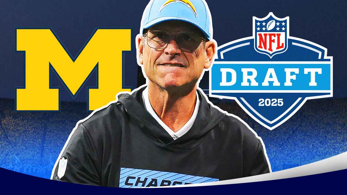 Jim Harbaugh, Michigan football, Chargers, Jim Harbaugh Michigan, Wolverines, Jim Harbaugh in Chargers gear, Michigan Block M on one side of graphic, 2025 NFL Draft logo on the other