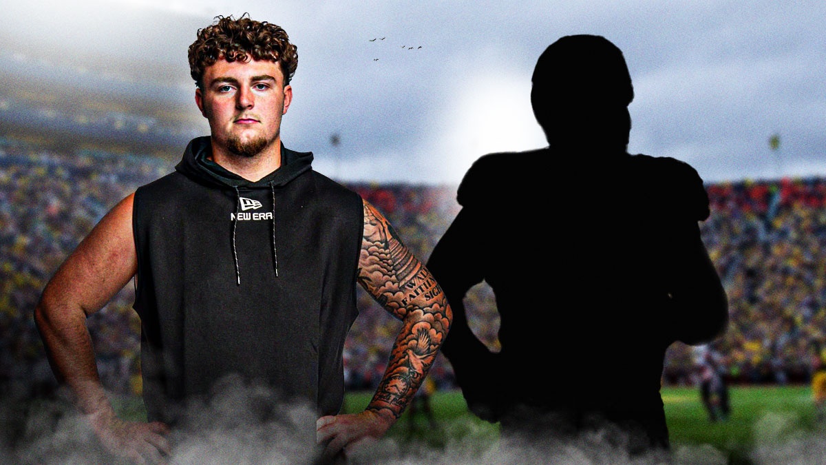 Mason Graham next to the blacked-out silhouette of Kyle Williams on the Michigan field.