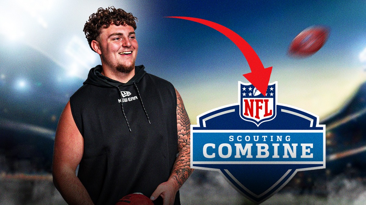 Mason Graham next to an arrow facing down the the NFL Combine logo as the background.