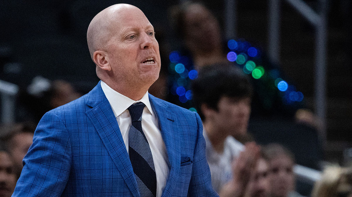 UCLA Bruins head coach Mick Cronin in the second half against the Wisconsin Badgers at Gainbridge Fieldhouse.