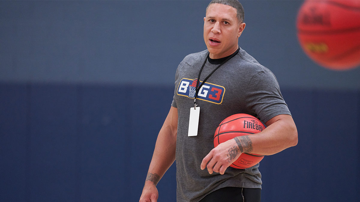 Mike Bibby walks the sidelines while athletes warmup for the BIG3 tryouts at Victorium. Basketball Big3 Tryouts