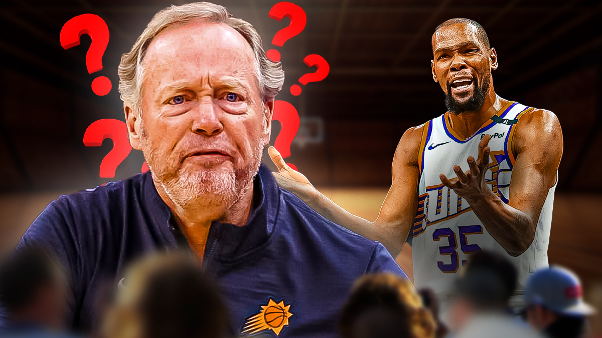 Suns head coach Mike Budenholzer looking puzzled with question marks around him and Kevin Durant standing next to him.