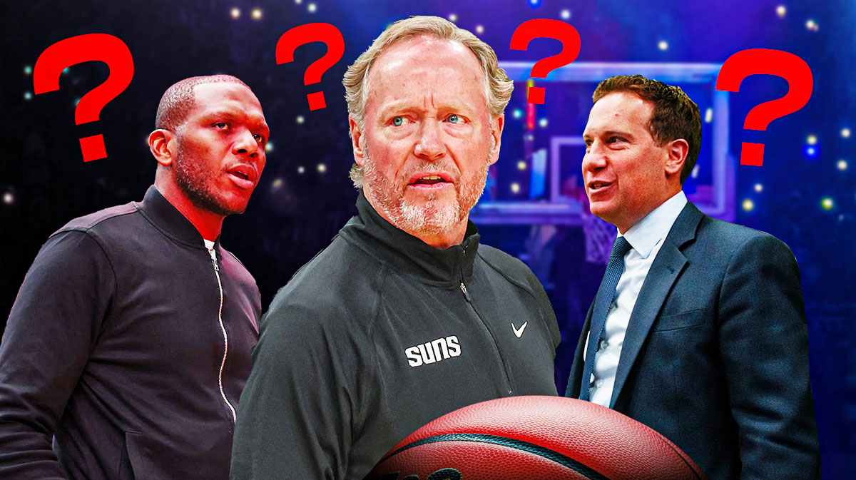 Suns head coach Mike Budenholzer with question marks around him and Suns owner Mat Ishbia and general manager James Jones standing next to him.