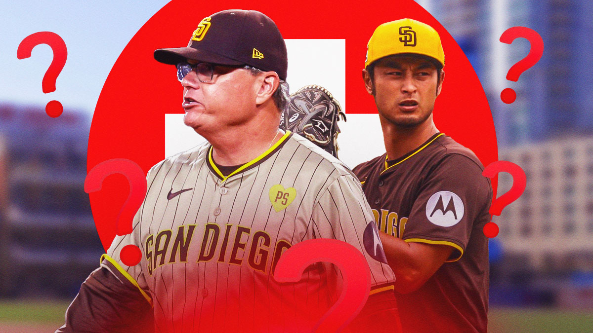 Mike Shildt standing next to Yu Darvish with question marks surrounding them. There is the Red Medical Cross in the background
