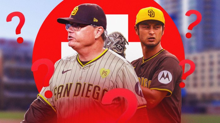 Mike Shildt standing next to Yu Darvish with question marks surrounding them. There is the Red Medical Cross in the background
