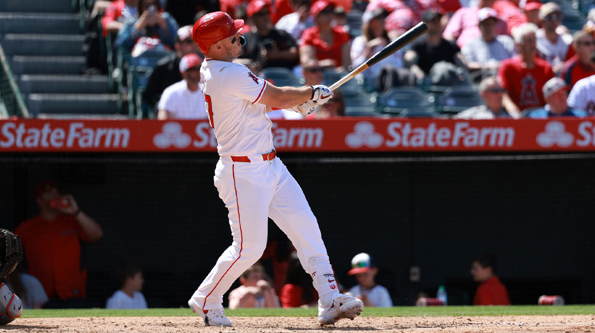 Apr 24, 2024; Anaheim, California, USA; Los Angeles Angels designated hitter Mike Trout (27) hits a home run during the sixth inning against the Baltimore Orioles at Angel Stadium. 